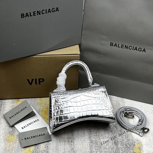 Balenciaga專櫃爆款鱷魚紋銀色Hourglass沙漏包 巴黎世家頂級原單手提肩背包 fyj1210